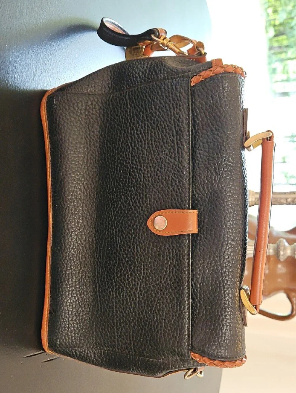 Dooney & Bourke Leather Satchel. All Weather Black with Tan Trim Satchel